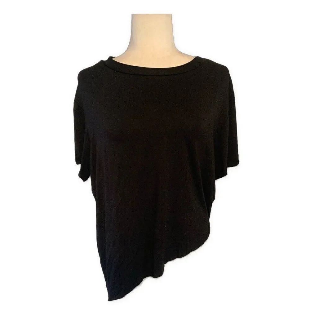 NTK Chloe Modal Spandex Solid Black Asymmetrical Short Sleeve T Shirt Top Small